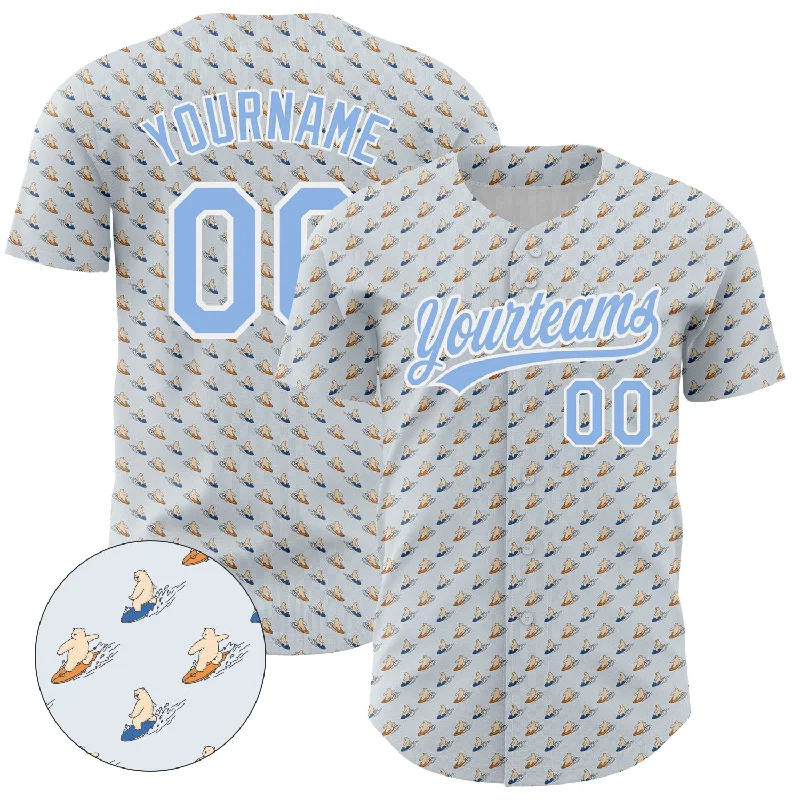 Custom Baseball Jerseys For Award Ceremonies-Custom Gray Light Blue-White 3D Pattern Design Animal Bear Surfing Authentic Baseball Jersey