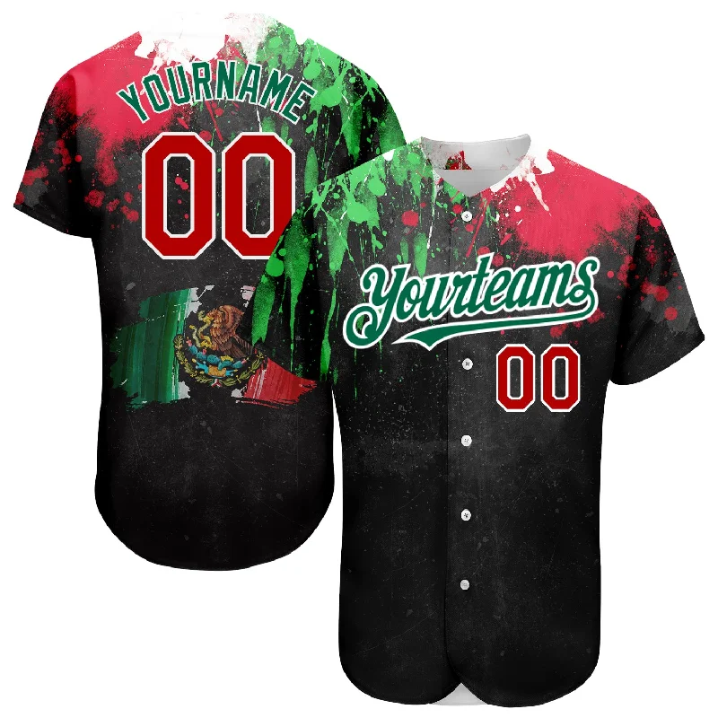 Personalized Baseball Jerseys For Team Traditions-Custom Black Red Kelly Green 3D Mexican Flag Watercolored Splashes Grunge Design Authentic Baseball Jersey