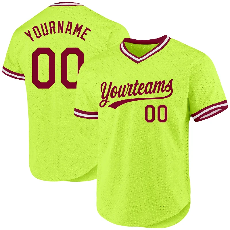 Baseball Jerseys For Tournaments & Competitions-Custom Neon Green Maroon-White Authentic Throwback Baseball Jersey