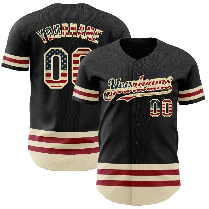 Personalized Baseball Jerseys For Schools-Custom Black Vintage USA Flag-Cream Line Authentic Baseball Jersey