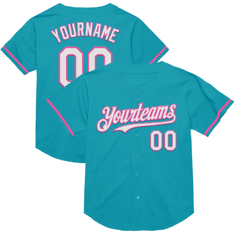 Baseball Jerseys With Custom Fonts & Numbering-Custom Teal White-Pink Mesh Authentic Throwback Baseball Jersey