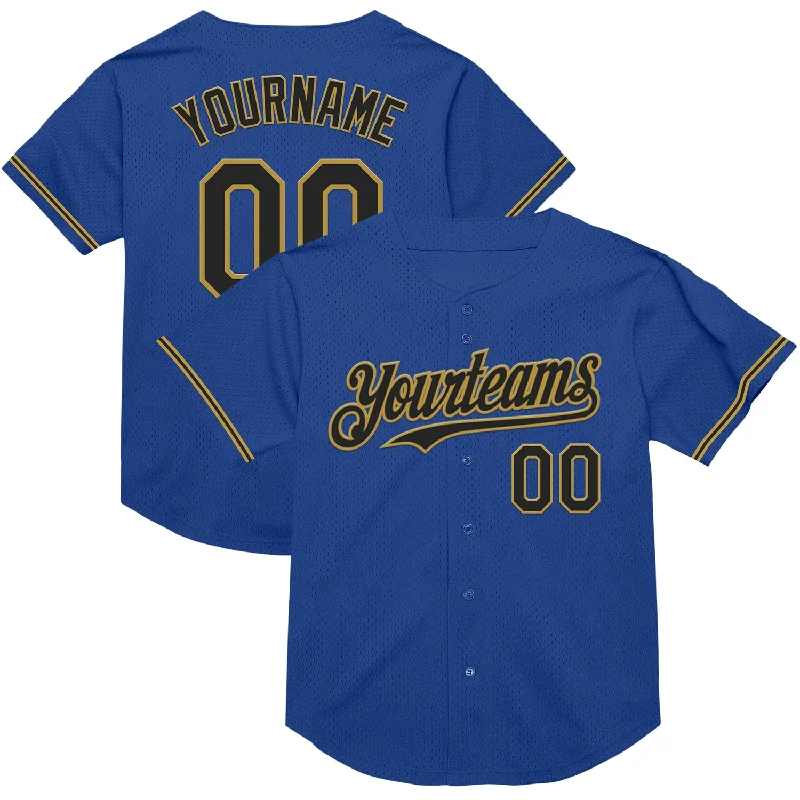 Personalized Baseball Jerseys For Gift Giving-Custom Royal Black-Old Gold Mesh Authentic Throwback Baseball Jersey