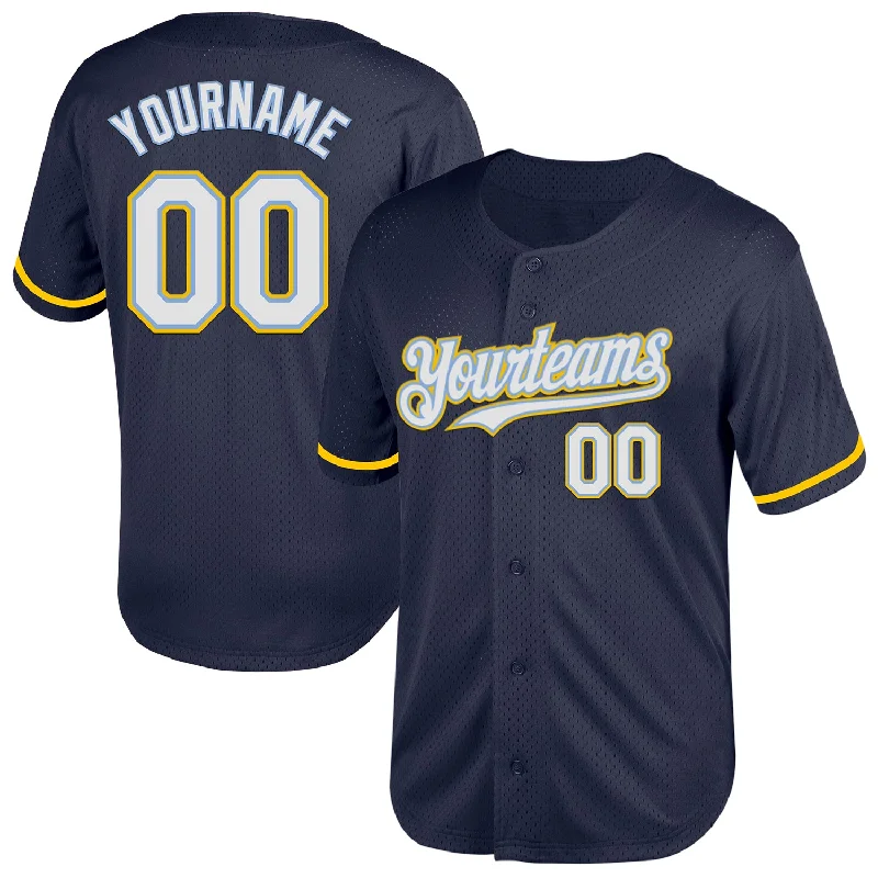 Custom Baseball Jerseys For Special Requests-Custom Navy Light Blue-Yellow Mesh Authentic Throwback Baseball Jersey