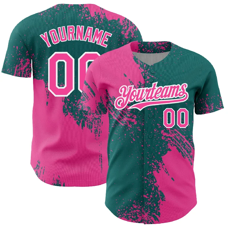 Custom Baseball Jerseys For Leagues-Custom Pink Teal-White 3D Pattern Design Abstract Brush Stroke Authentic Baseball Jersey