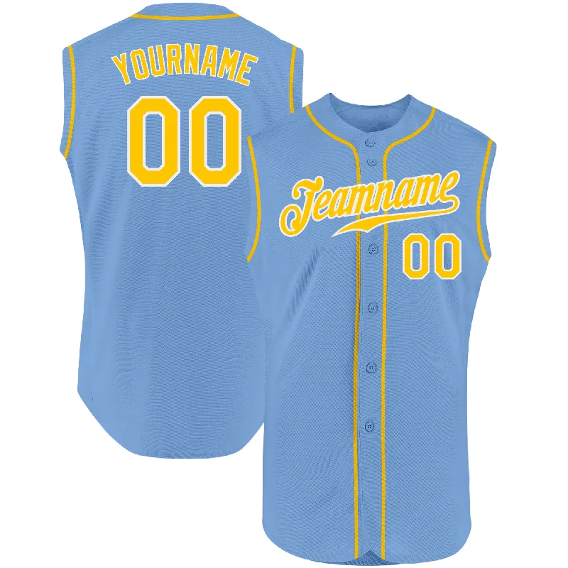 Personalized Baseball Jerseys For Player Participation-Custom Light Blue Gold-White Authentic Sleeveless Baseball Jersey