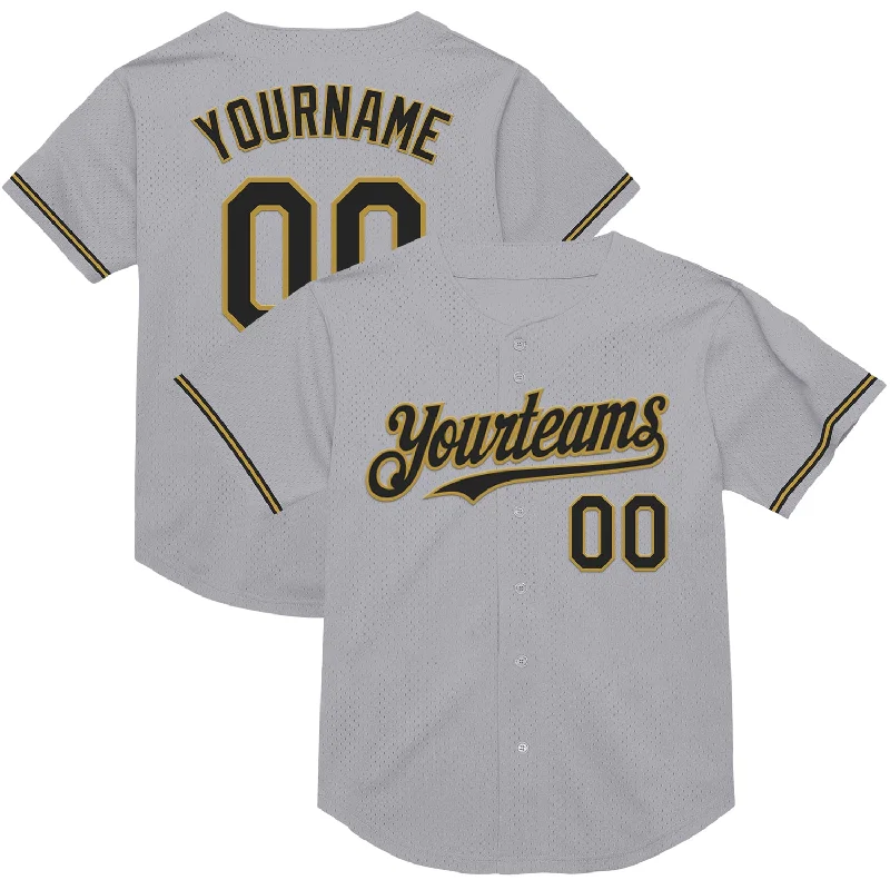 Personalized Baseball Jerseys For Event Recognition-Custom Gray Black-Old Gold Mesh Authentic Throwback Baseball Jersey