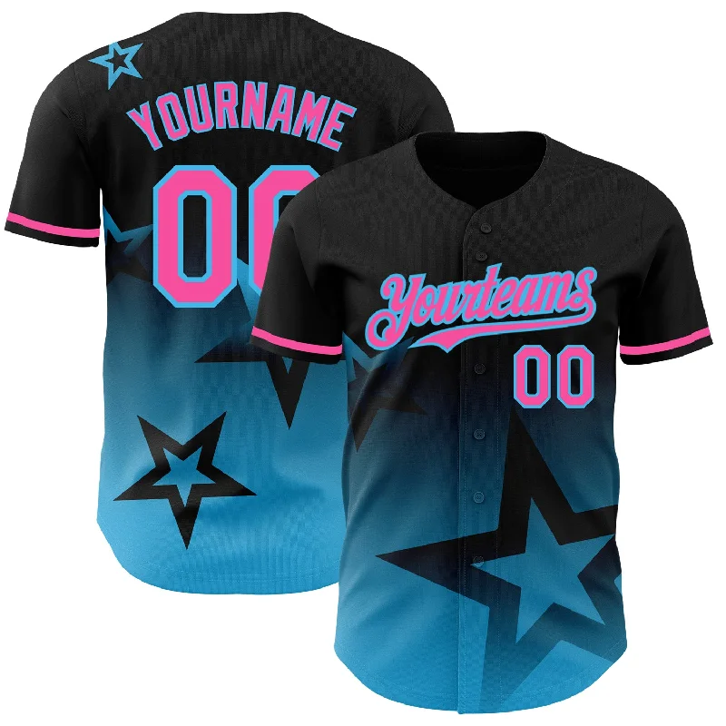 Custom Baseball Jerseys With Player Names-Custom Black Pink-Sky Blue 3D Pattern Design Gradient Style Twinkle Star Authentic Baseball Jersey