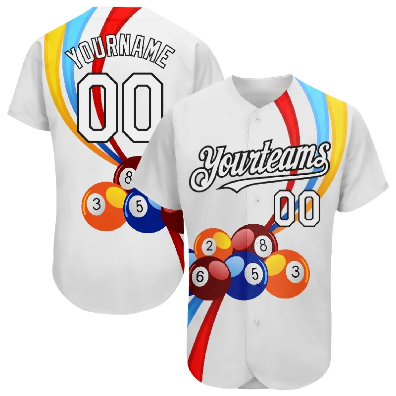 Baseball Jerseys With Custom Back Designs-Custom White Black 3D Pattern Design Billiards Authentic Baseball Jersey