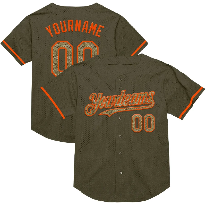 Custom Baseball Jerseys For Social Gatherings-Custom Olive Camo-Orange Mesh Authentic Throwback Salute To Service Baseball Jersey