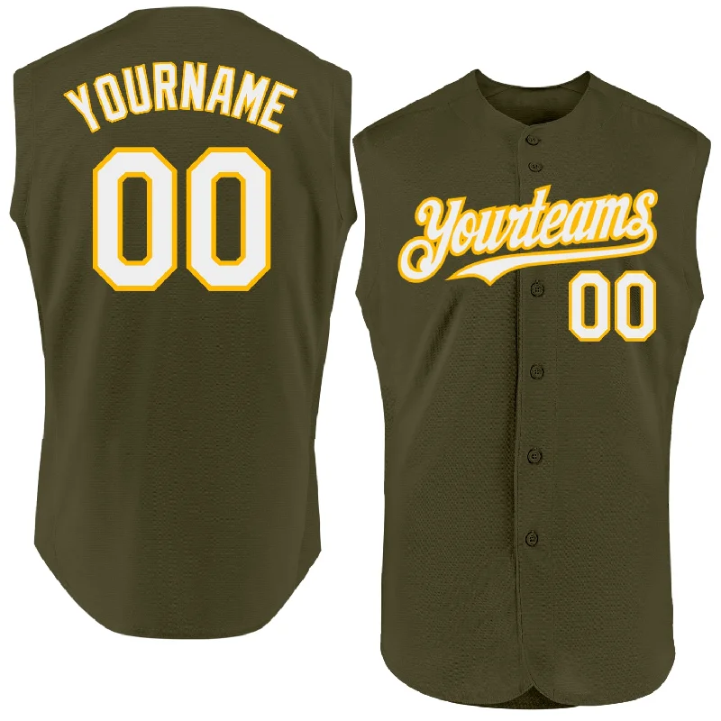 Personalized Baseball Jerseys For Tournaments-Custom Olive White-Gold Authentic Sleeveless Salute To Service Baseball Jersey