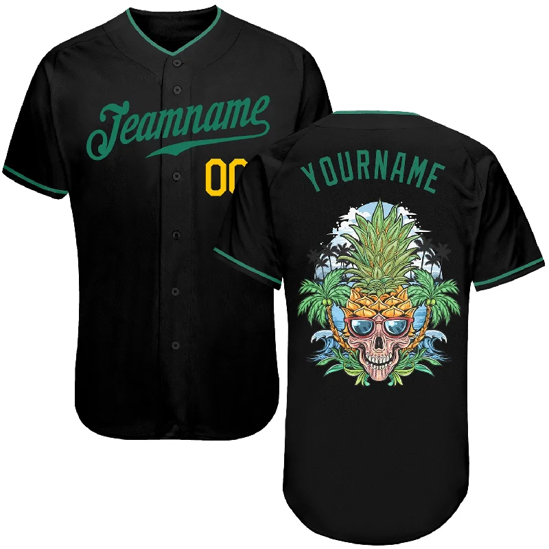 Custom Baseball Jerseys With Embroidered Names-Custom Black Kelly Green-Gold Authentic Skull Pineapple Head Baseball Jersey