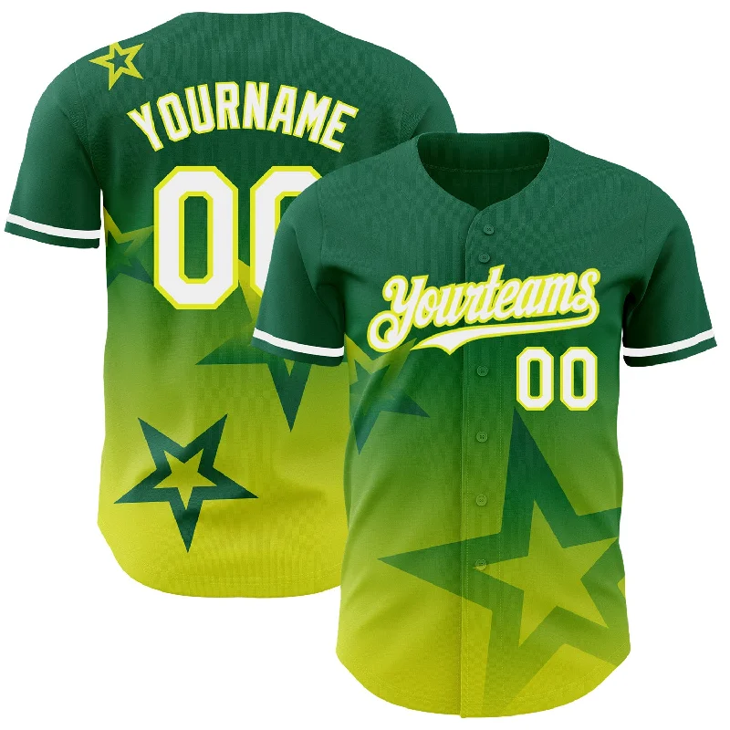 Personalized Baseball Jerseys For College Teams-Custom Kelly Green White-Neon Yellow 3D Pattern Design Gradient Style Twinkle Star Authentic Baseball Jersey