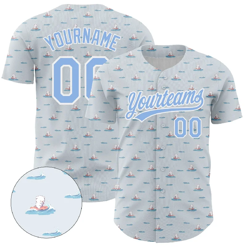 Baseball Jerseys For Personalized Team Apparel-Custom Gray Light Blue-White 3D Pattern Design Animal Dog Surfing Authentic Baseball Jersey