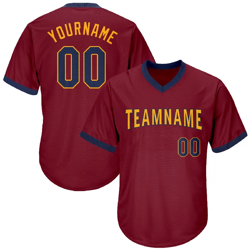 Custom Baseball Jerseys With Sponsor Logos-Custom Crimson Navy-Gold Authentic Throwback Rib-Knit Baseball Jersey Shirt