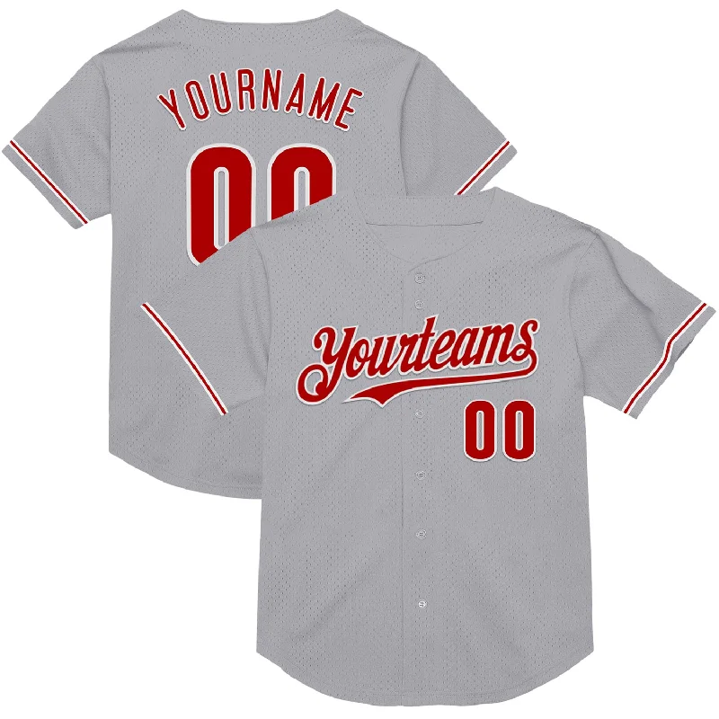 Baseball Jerseys With Custom Fonts & Numbering-Custom Gray Red-White Mesh Authentic Throwback Baseball Jersey