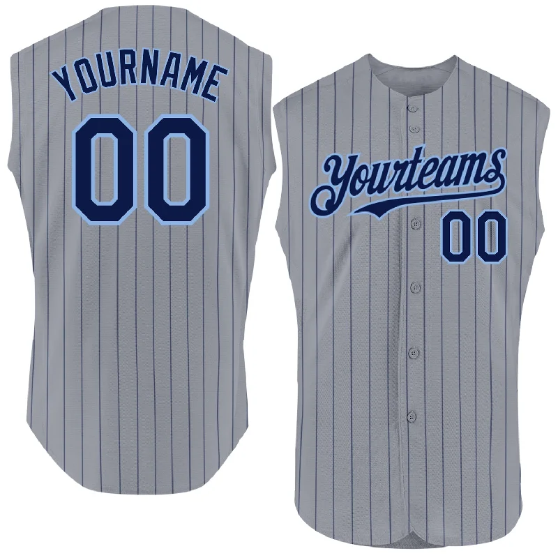 Custom Baseball Jerseys For Fans-Custom Gray Navy Pinstripe Light Blue Authentic Sleeveless Baseball Jersey