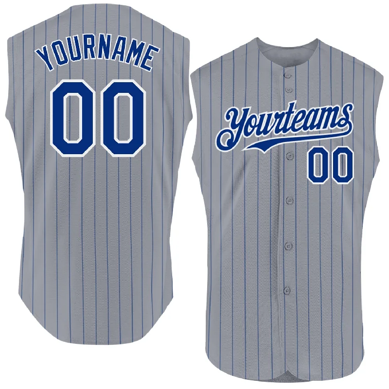 Personalized Baseball Jerseys For School Competitions-Custom Gray Royal Pinstripe White Authentic Sleeveless Baseball Jersey