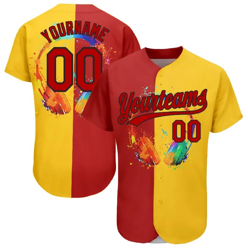 Baseball Jerseys With Custom Sleeve Designs-Custom Yellow Red-Black 3D Pattern Design Music Festival Watercolor Headphone With Musical Notes Authentic Baseball Jersey