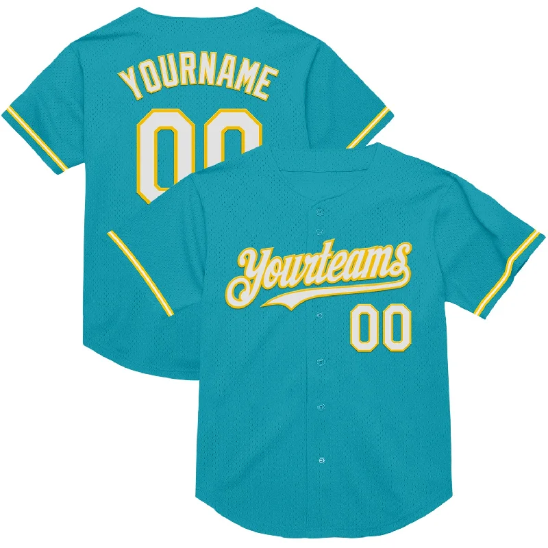 Personalized Baseball Jerseys For School Events-Custom Teal White-Yellow Mesh Authentic Throwback Baseball Jersey