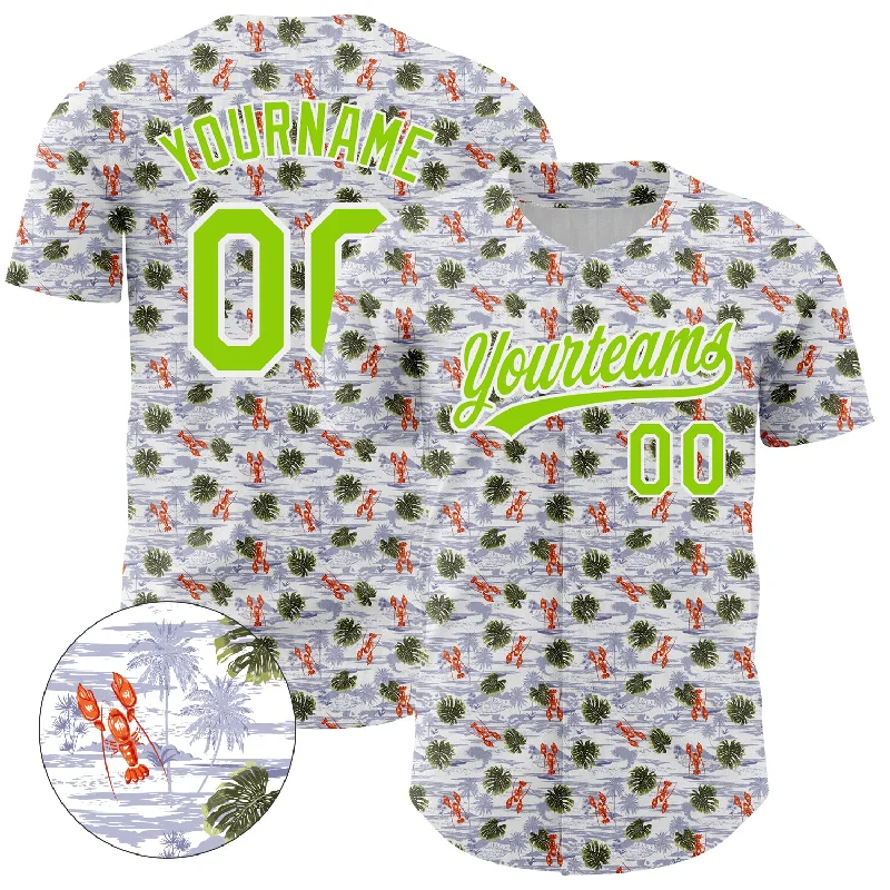 Custom Baseball Jerseys For Charity Tournaments-Custom White Neon Green 3D Pattern Design Animal Lobster And Hawaii Palm Trees Authentic Baseball Jersey