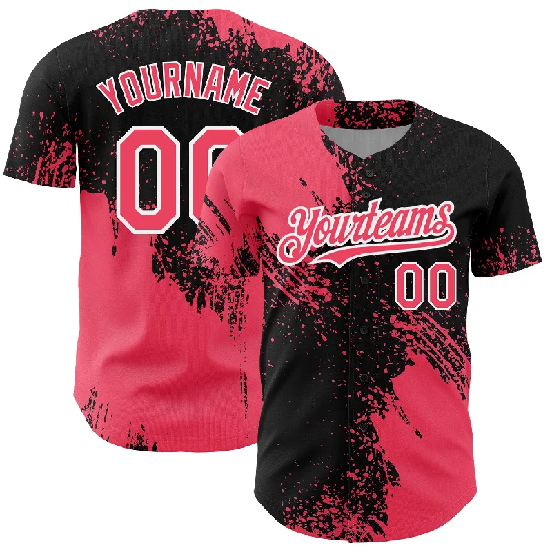 Baseball Jerseys For Team Celebrations & Recognitions-Custom Neon Pink Black-White 3D Pattern Design Abstract Brush Stroke Authentic Baseball Jersey