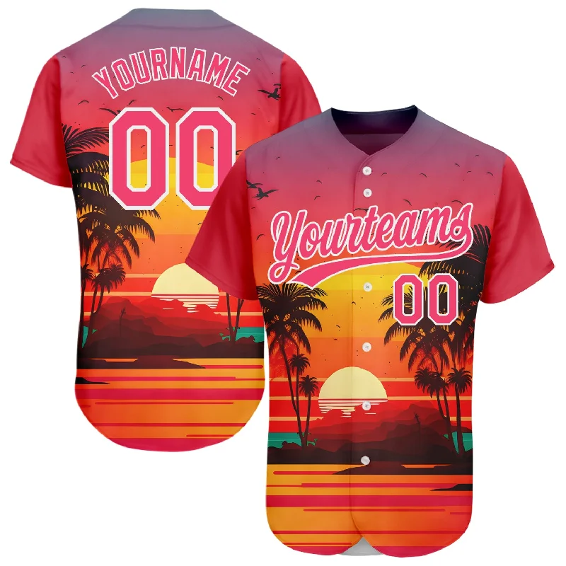 Custom Baseball Jerseys With Team Logos-Custom Neon Pink White 3D Pattern Design Hawaii Palm Trees And Beach Sunrise Authentic Baseball Jersey