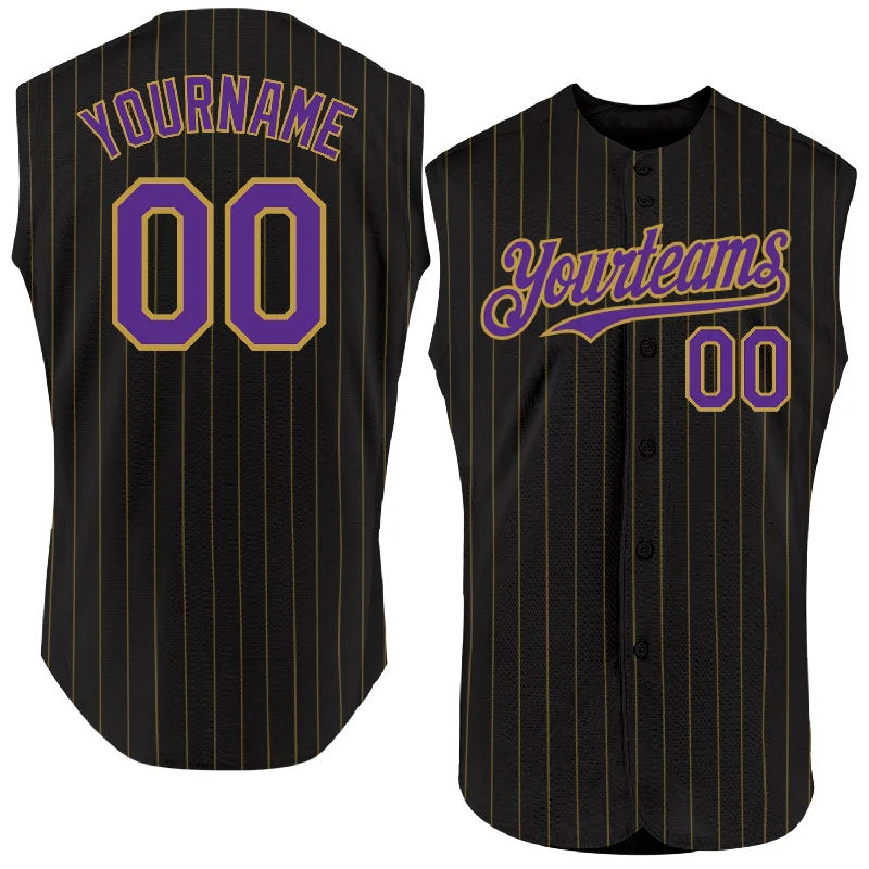 Custom Baseball Jerseys For Team Apparel Orders-Custom Black Old Gold Pinstripe Purple Authentic Sleeveless Baseball Jersey