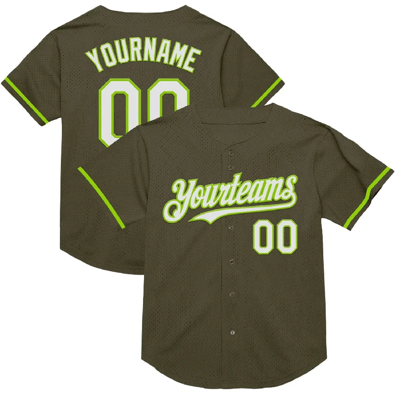 Personalized Baseball Jerseys For Off-Field Wear-Custom Olive White-Neon Green Mesh Authentic Throwback Salute To Service Baseball Jersey