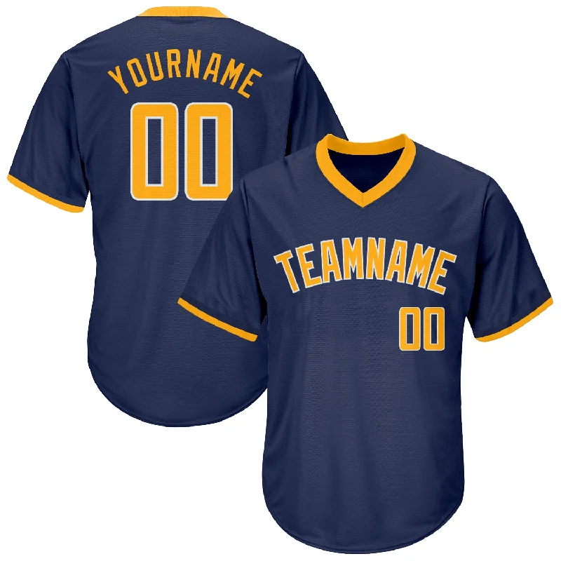 Custom Baseball Jerseys For Charity Tournaments-Custom Navy Gold-White Authentic Throwback Rib-Knit Baseball Jersey Shirt