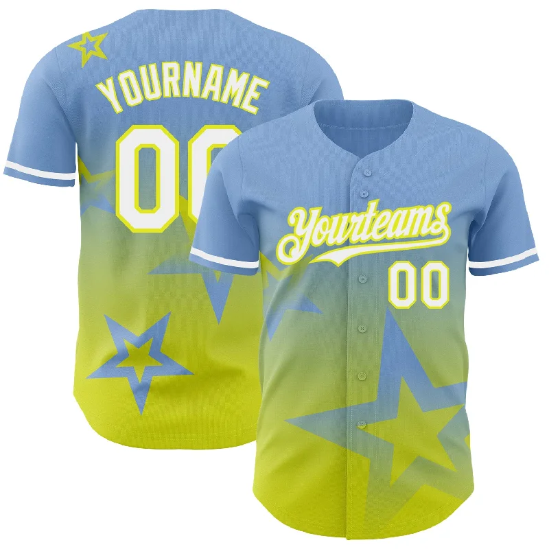 Baseball Jerseys For Custom Team Wear-Custom Light Blue White-Neon Yellow 3D Pattern Design Gradient Style Twinkle Star Authentic Baseball Jersey