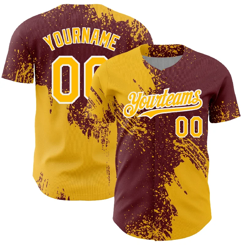 Baseball Jerseys With Player Numbers & Logos-Custom Gold Burgundy-White 3D Pattern Design Abstract Brush Stroke Authentic Baseball Jersey