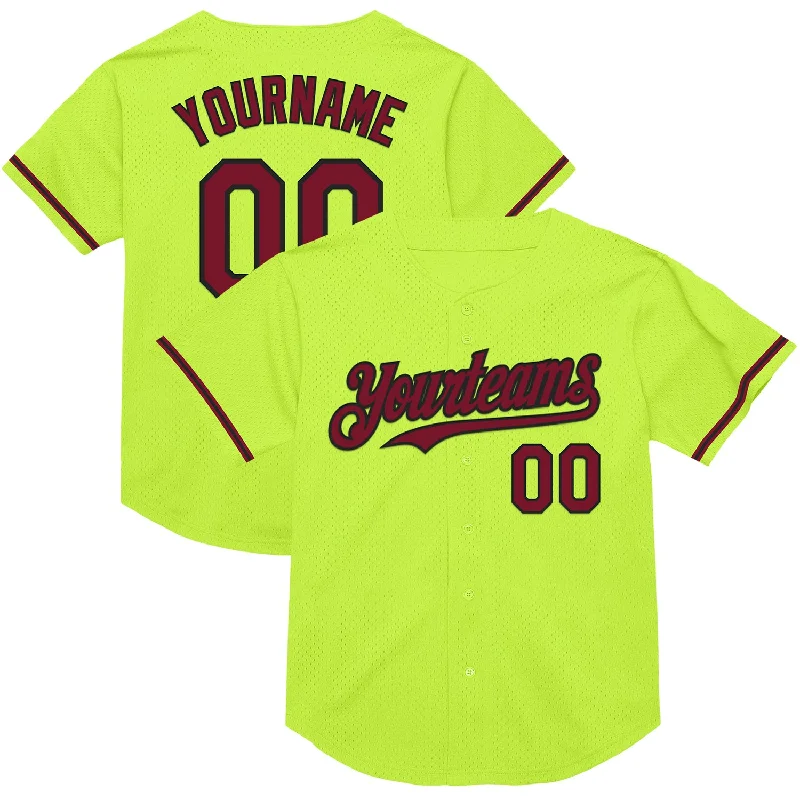 Custom Baseball Jerseys For Special Event Sponsorship-Custom Neon Green Crimson-Black Mesh Authentic Throwback Baseball Jersey