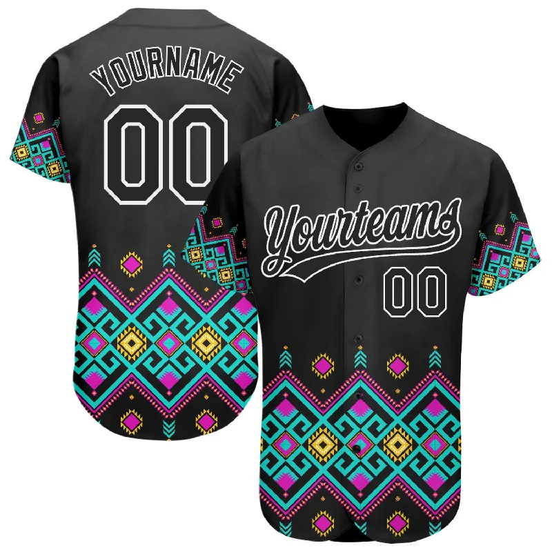 Baseball Jerseys For Professional Teams-Custom Black White 3D Pattern Design Traditional African Ethnic Style Authentic Baseball Jersey