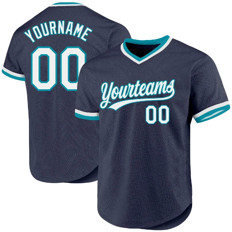 Baseball Jerseys With Custom Branding-Custom Navy White-Teal Authentic Throwback Baseball Jersey