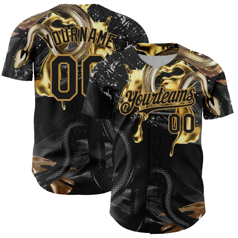 Custom Baseball Jerseys-Custom Black Old Gold 3D Pattern Design Animal Snake Authentic Baseball Jersey