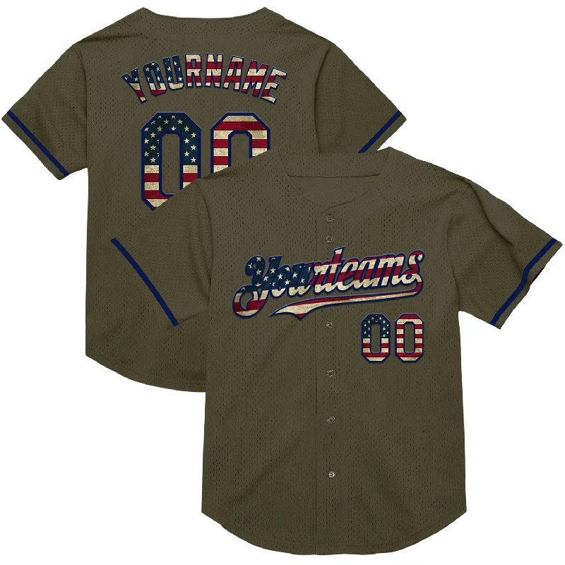 Baseball Jerseys With Custom Logos & Text-Custom Olive Vintage USA Flag-Navy Mesh Authentic Throwback Salute To Service Baseball Jersey