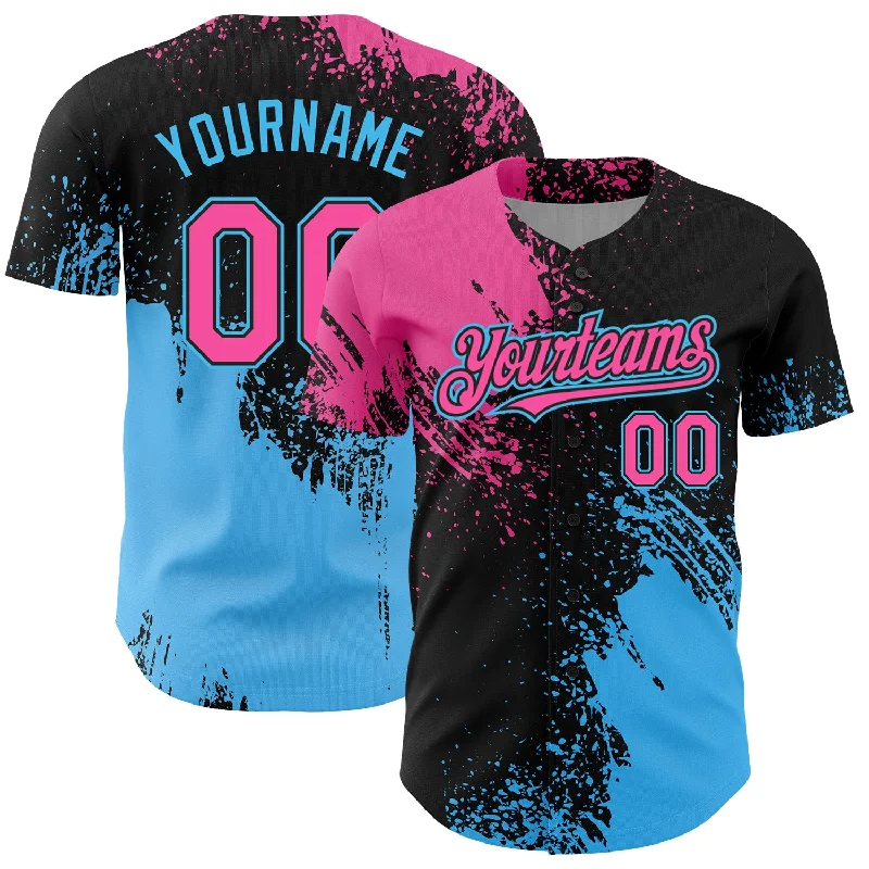 Custom Baseball Jerseys For Team Apparel Orders-Custom Pink Black-Sky Blue 3D Pattern Design Abstract Brush Stroke Authentic Baseball Jersey