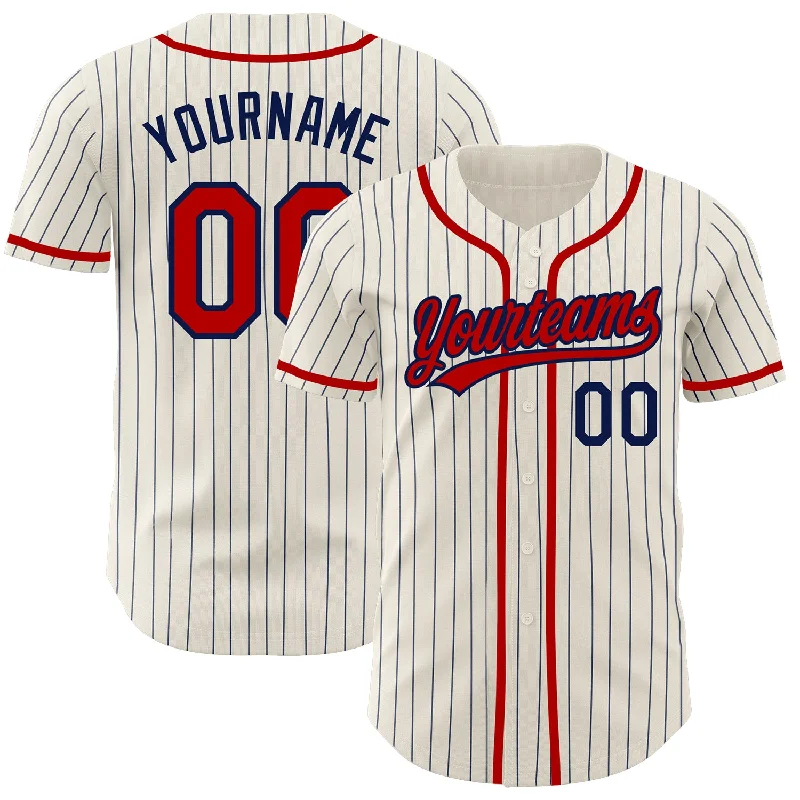 Personalized Baseball Jerseys For Tournament Winners-Custom Cream Navy Pinstripe Red Authentic Baseball Jersey