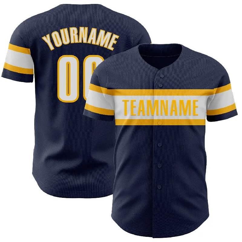 Custom Baseball Jerseys For Official League Apparel-Custom Navy White-Gold Authentic Baseball Jersey