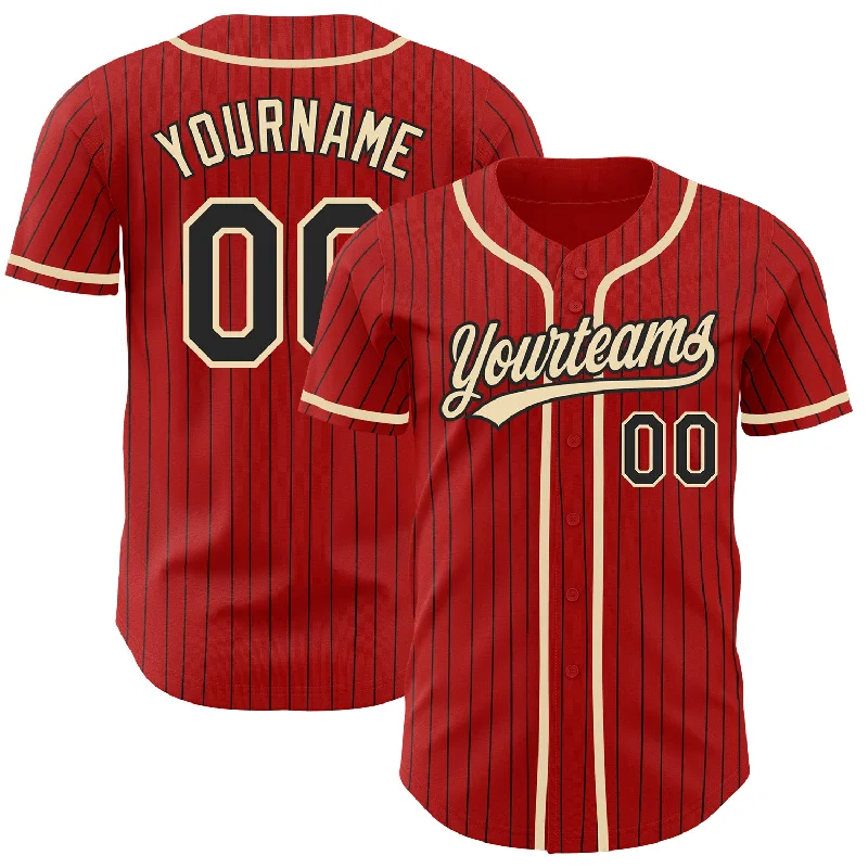 Custom Baseball Jerseys For School Sports Events-Custom Red Black Pinstripe City Cream Authentic Baseball Jersey