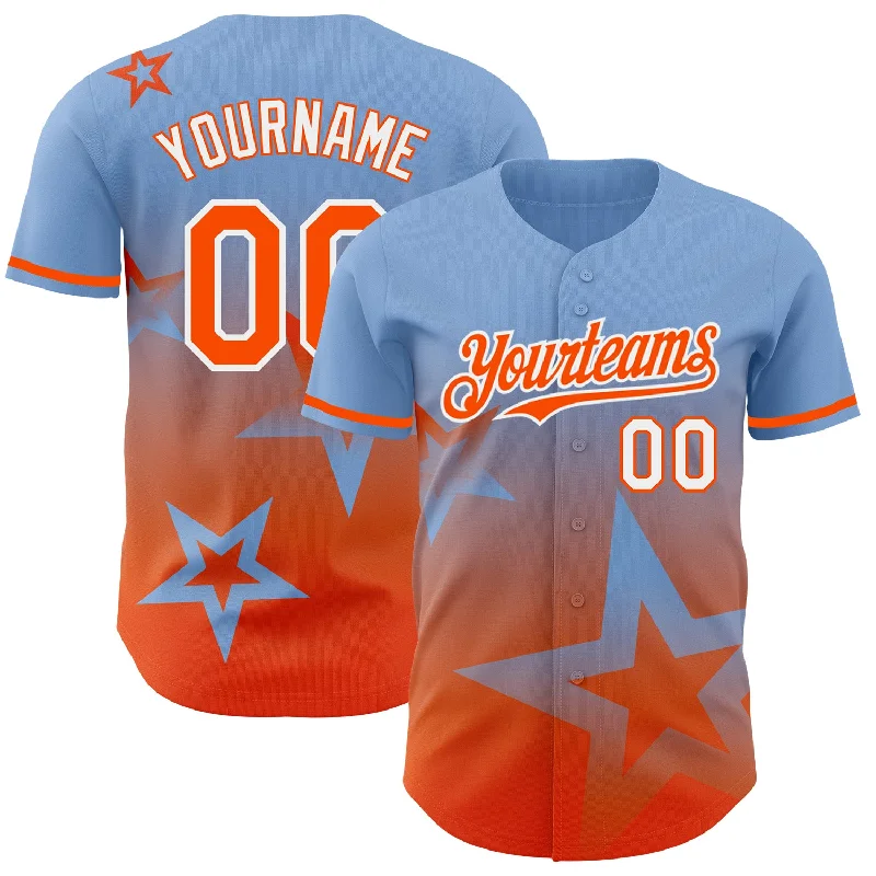 Personalized Baseball Jerseys For Youth Competitions-Custom Light Blue Orange-White 3D Pattern Design Gradient Style Twinkle Star Authentic Baseball Jersey