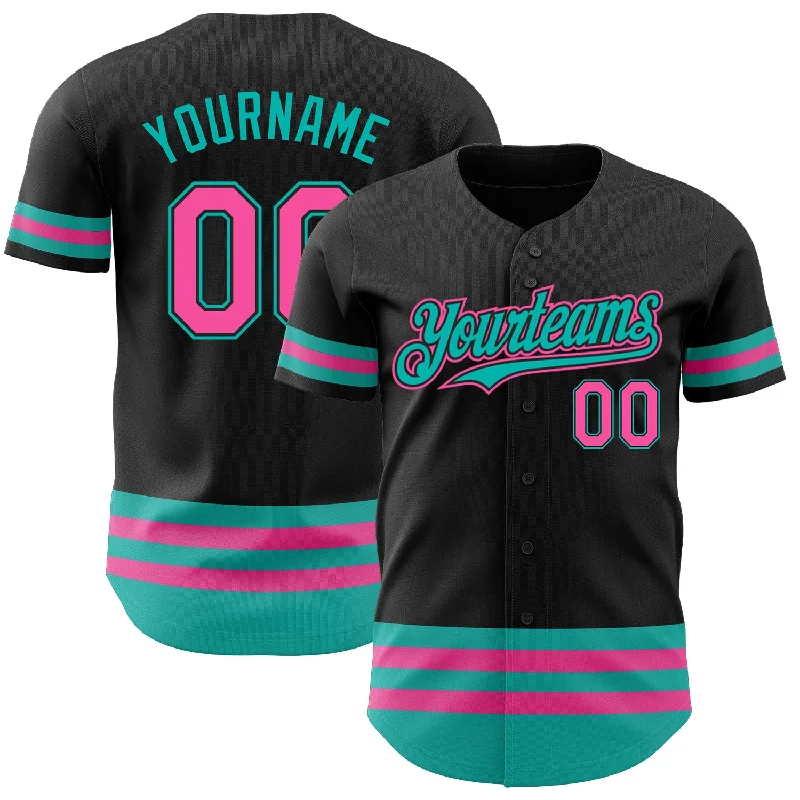 Custom Baseball Jerseys With Player Stats-Custom Black Pink-Aqua Line Authentic Baseball Jersey