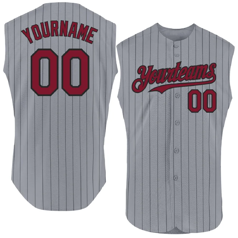 Custom Baseball Jerseys For Sports Conferences-Custom Gray Black Pinstripe Crimson Authentic Sleeveless Baseball Jersey