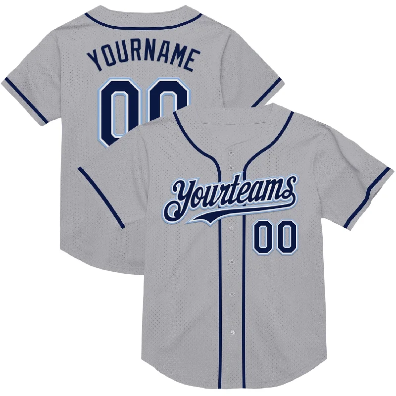 Baseball Jerseys With Custom Branding-Custom Gray Navy-Light Blue Mesh Authentic Throwback Baseball Jersey