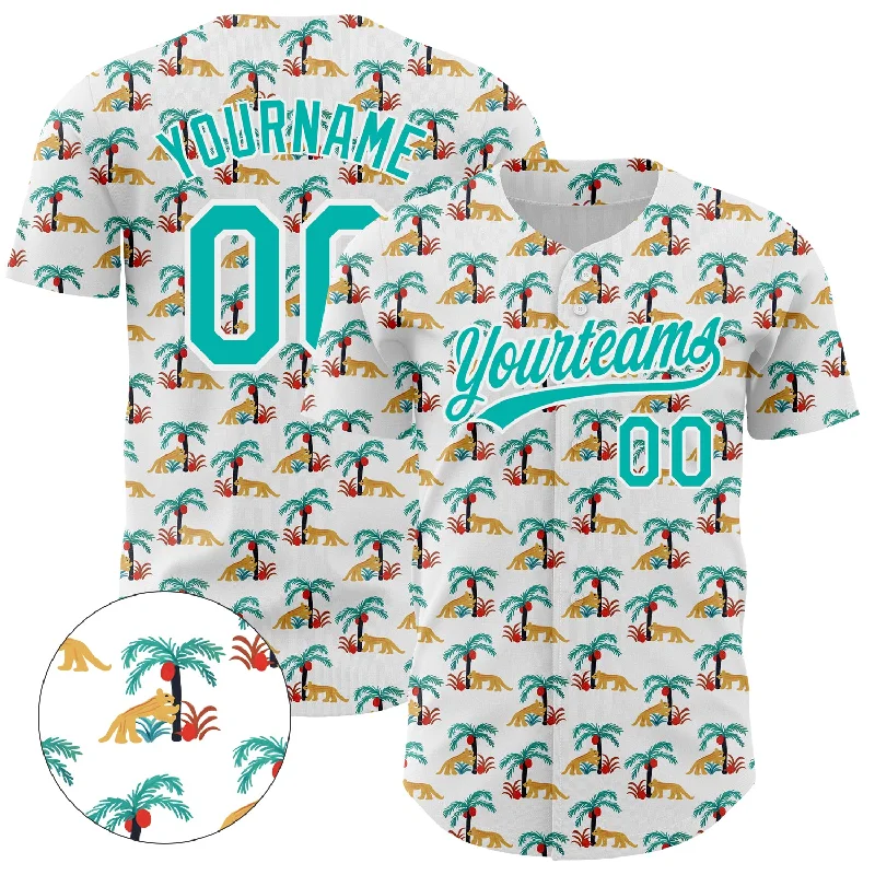 Baseball Jerseys With Embroidered Player Numbers-Custom White Aqua 3D Pattern Design Animal Leopard And Hawaii Palm Trees Authentic Baseball Jersey