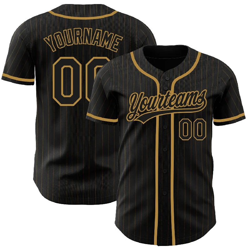 Custom Baseball Jerseys With Player Names-Custom Black Old Gold Pinstripe Black-Old Gold Authentic Baseball Jersey