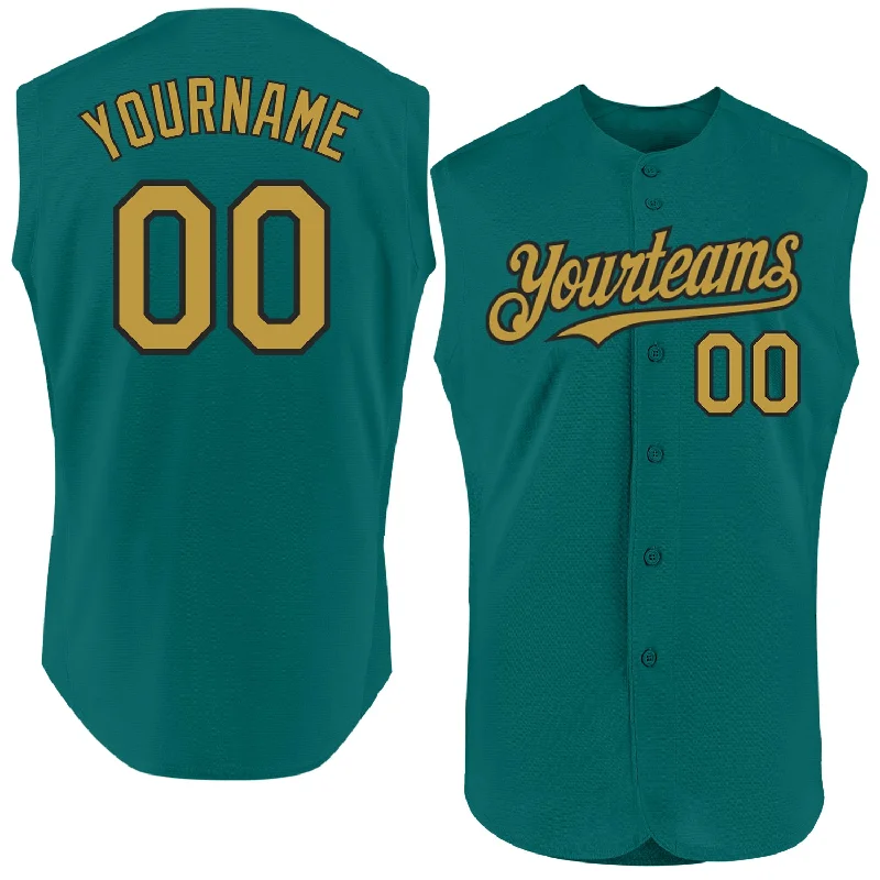 Personalized Baseball Jerseys For Fundraiser Auctions-Custom Teal Old Gold-Black Authentic Sleeveless Baseball Jersey