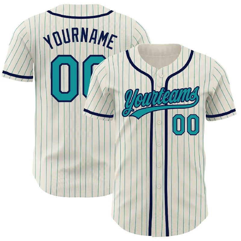 Personalized Baseball Jerseys For Fundraiser Auctions-Custom Cream Teal Pinstripe Navy Authentic Baseball Jersey