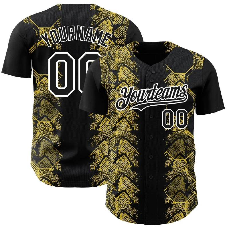 Baseball Jerseys For Custom Player Apparel-Custom Black Yellow-White 3D Pattern Design Animal Snake Authentic Baseball Jersey