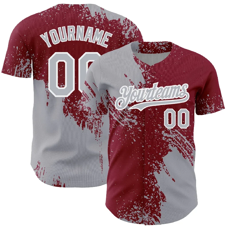 Baseball Jerseys For School Competitions-Custom Gray Crimson-White 3D Pattern Design Abstract Brush Stroke Authentic Baseball Jersey